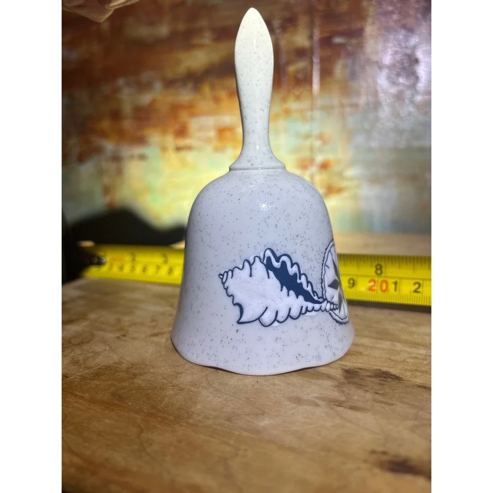 Vintage Coastal Ceramic Dinner Bell Blue Seashell Speckled White